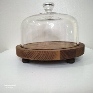 1" High 8" Round Teakwood Cheese Cutting Serving Charcutier Board & Domed Cloche